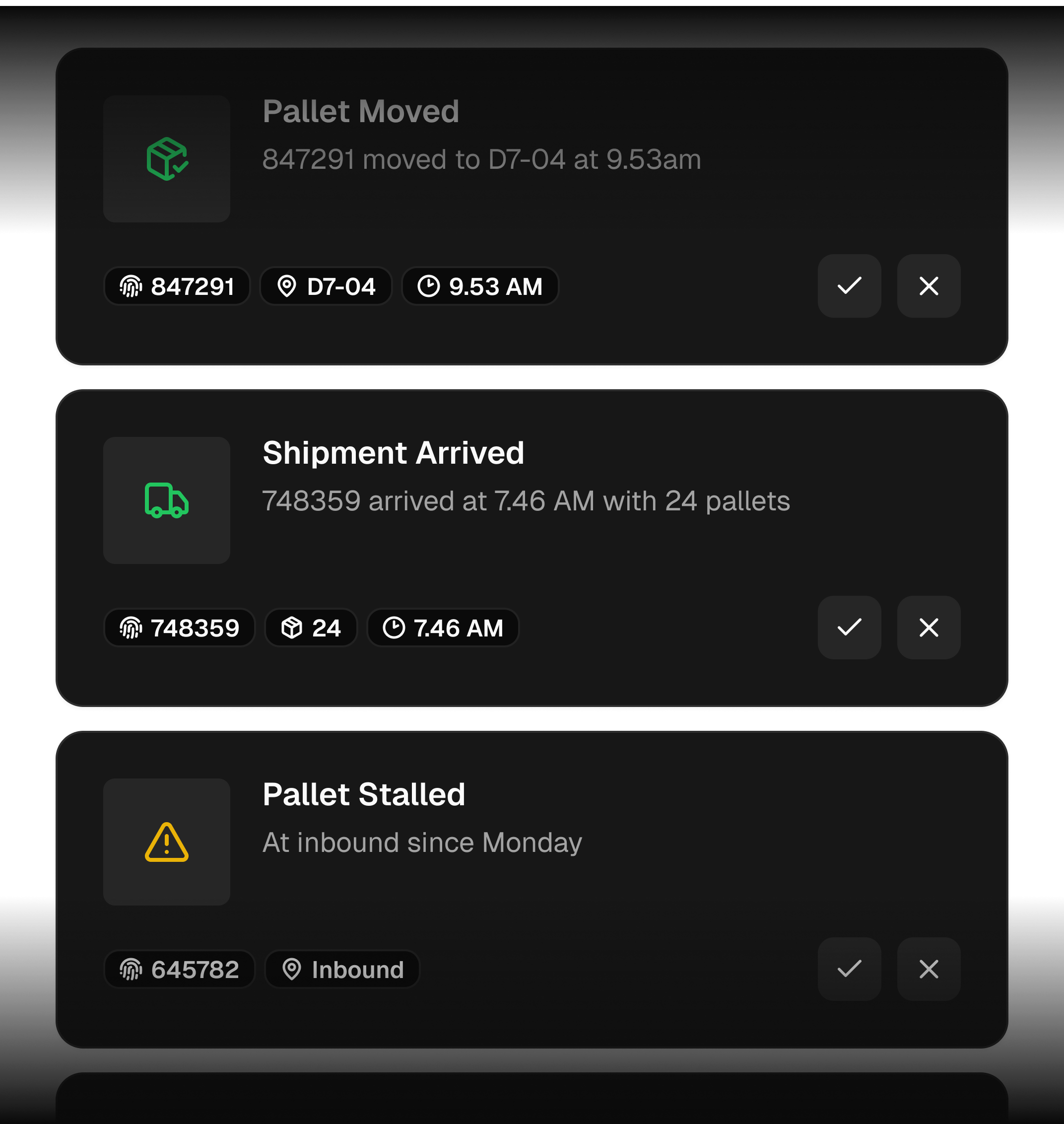 Warehouse notification cards showing pallet movements, shipment arrivals, and alerts